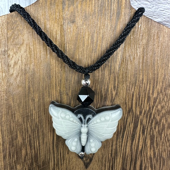 Jewelry - Tai Chi Stone Butterfly Pendant Necklace on Adjustable Black Rope